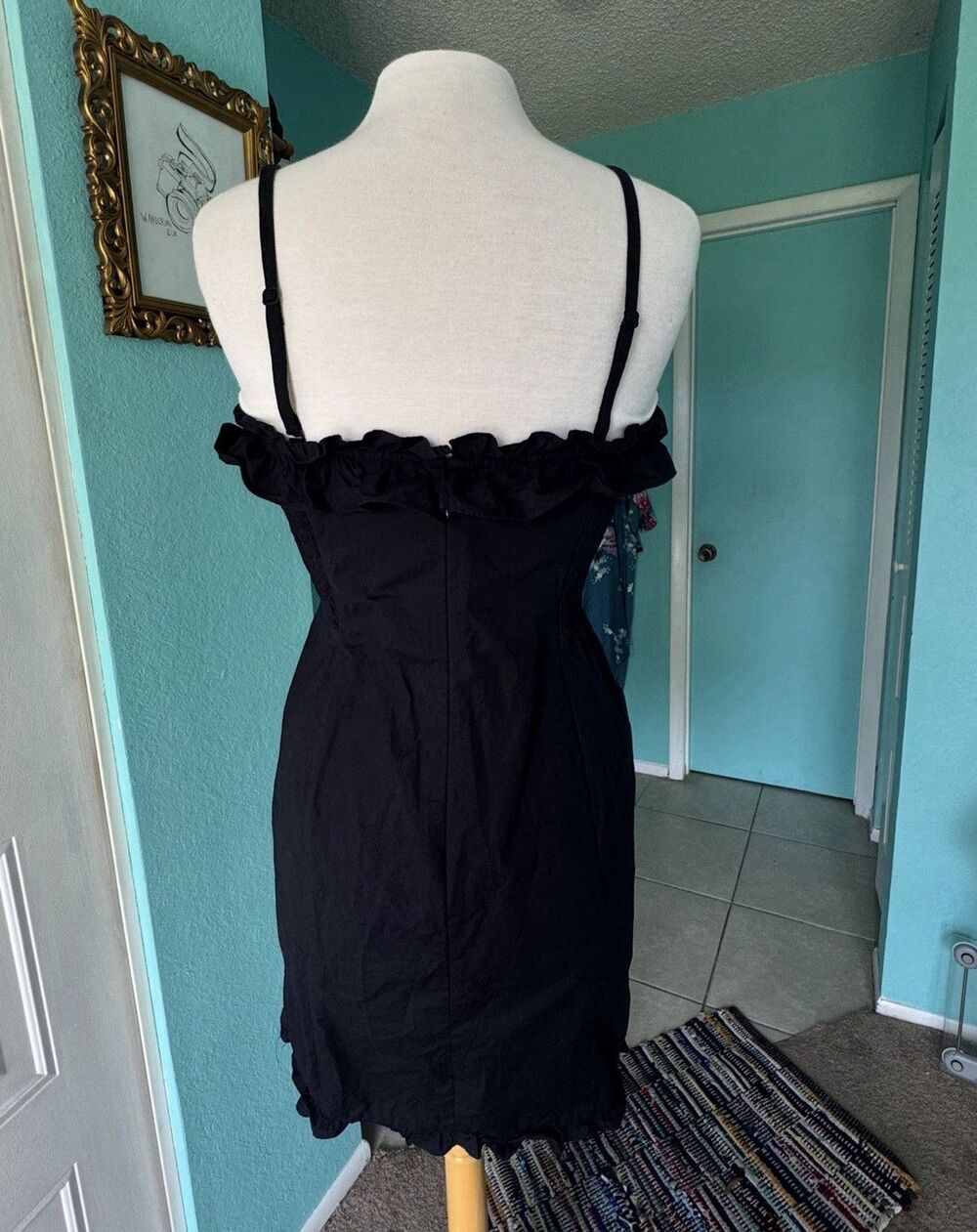 Vintage Ralph Lauren 90s Black Cotton Ruffle Mini Dress Size 12 - Picture 5 of 8